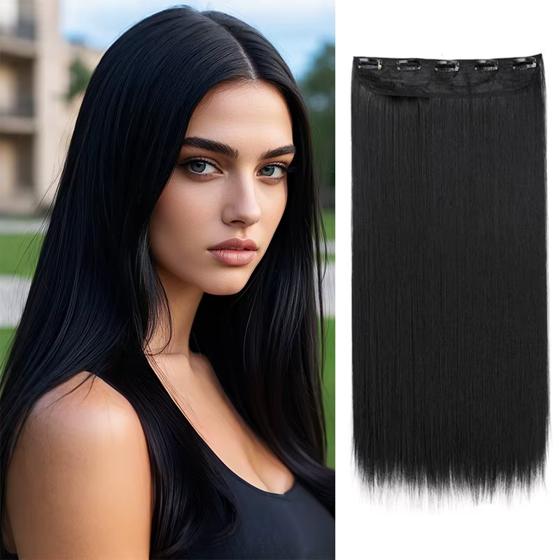 Extensions capillaires synthétiques invisibles à 5 clips, postiche longue et lisse de 24 pouces rési