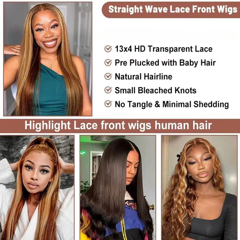 28 pouces 13x4 droite mettre en évidence perruque brésilienne cheveux humains 200% densité 4/27 coul