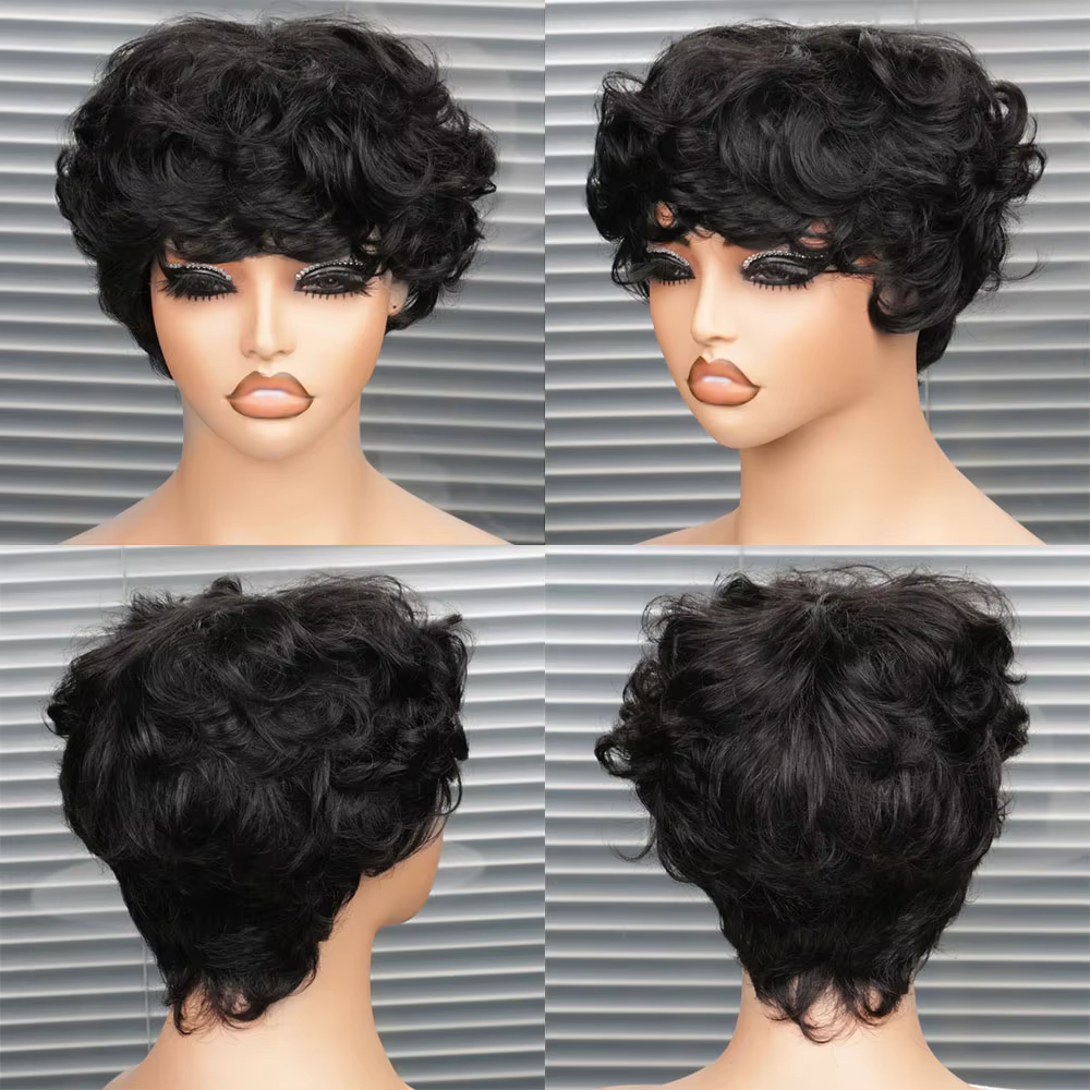 Perruque courte coupe pixie, perruque bouclée bob en cheveux humains pour femmes noires, perruques f