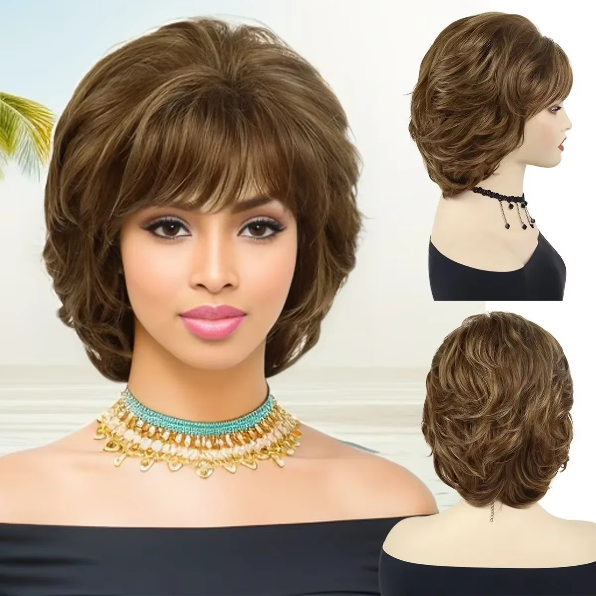 GNIMEGIL perruques synthétiques pour femmes perruque courte bouclée naturelle avec frange brun mélan