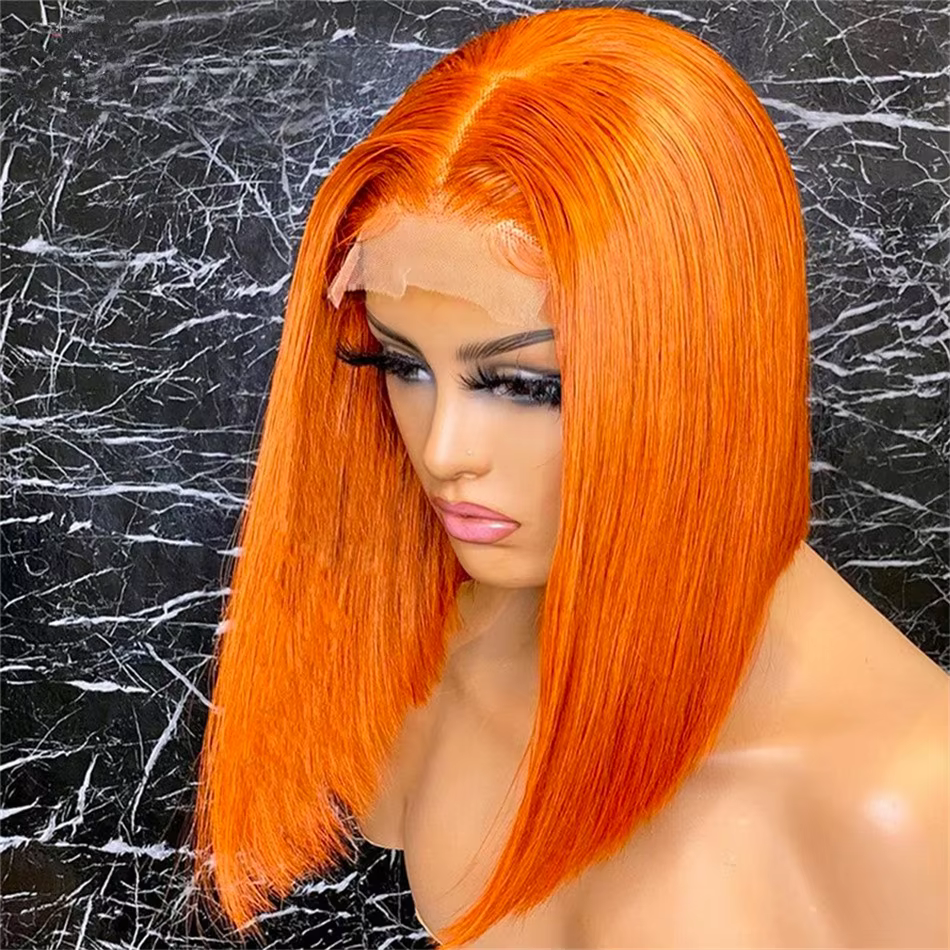 Perruque Bob Courte Sans Colle 613 Orange Gingembre, Perruque Frontale HD en Dentelle, Cheveux Humai