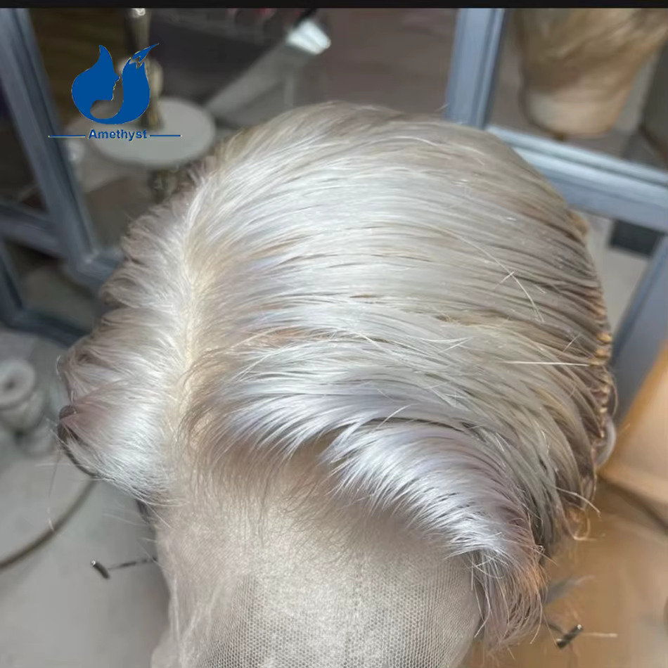 Perruque courte coupe pixie en cheveux brésiliens Remy, couleur blond platine améthyste, entièrement