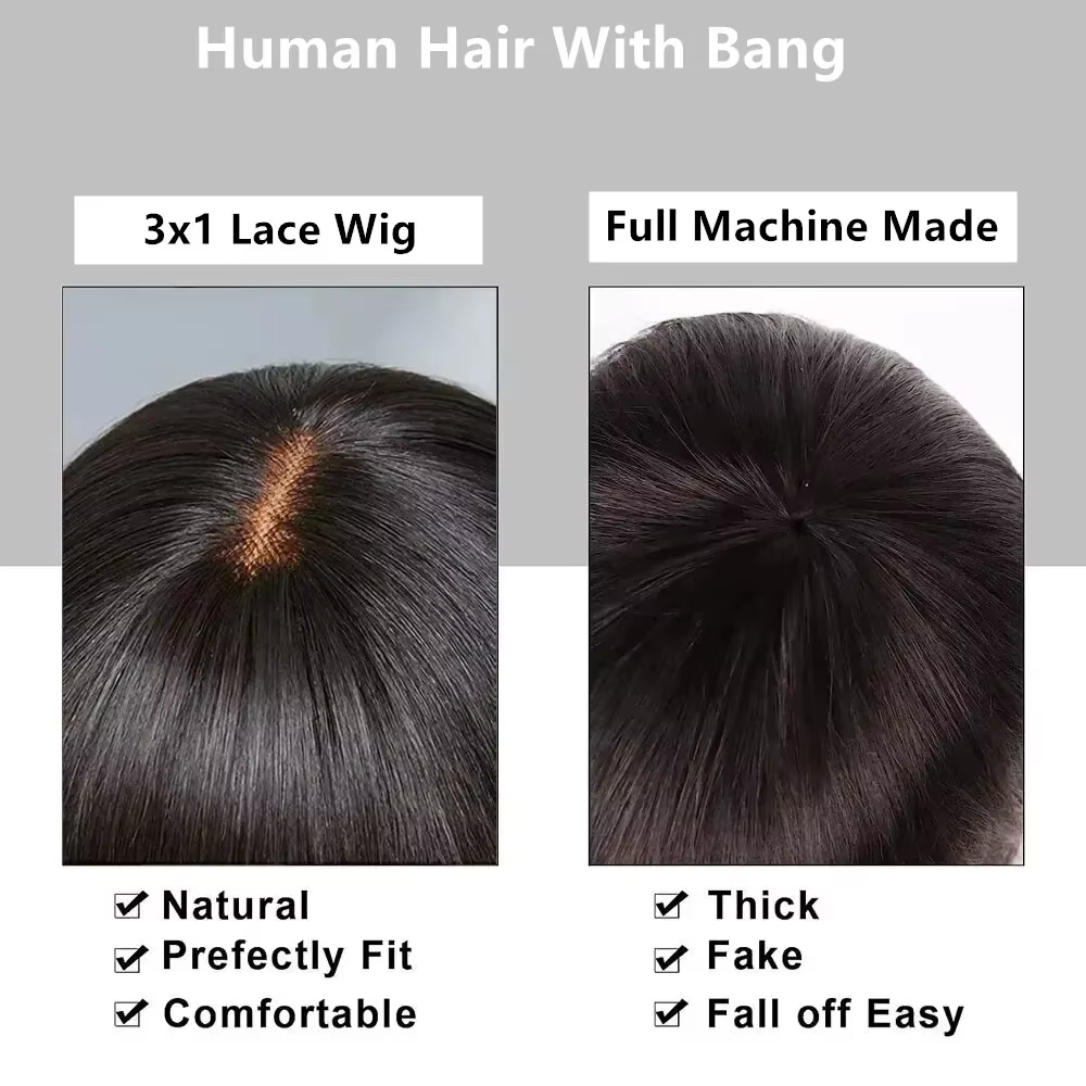 3x1 partie centrale perruques de cheveux humains avec frange perruques droites bon marché pour les f