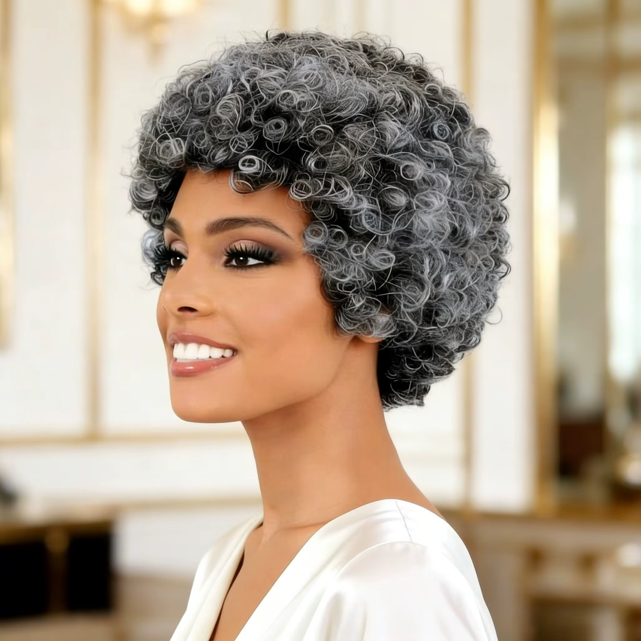 Perruque en cheveux humains gris pour femmes, perruque courte bouclée avec frange, pour maman/grand-