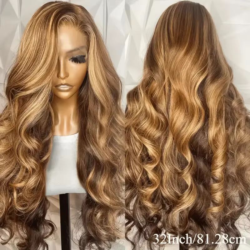 P4/27 mettre en évidence brun vague de corps 13x6 perruque de cheveux humains couleur blond miel 13x