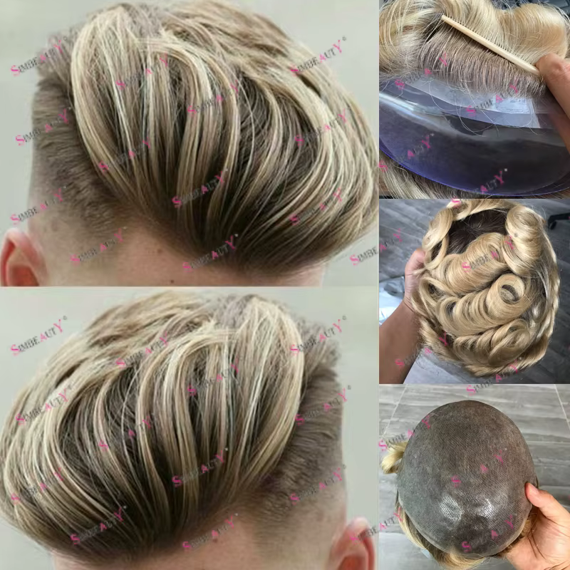 Perruque pour homme 100% cheveux humains Ombré Brun Miel, Système de prothèse capillaire, Ligne de c