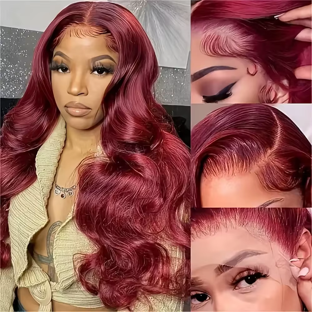 99j bordeaux 46 pouces vague de corps perruque de cheveux humains 13x6 HD dentelle frontale 200 dens