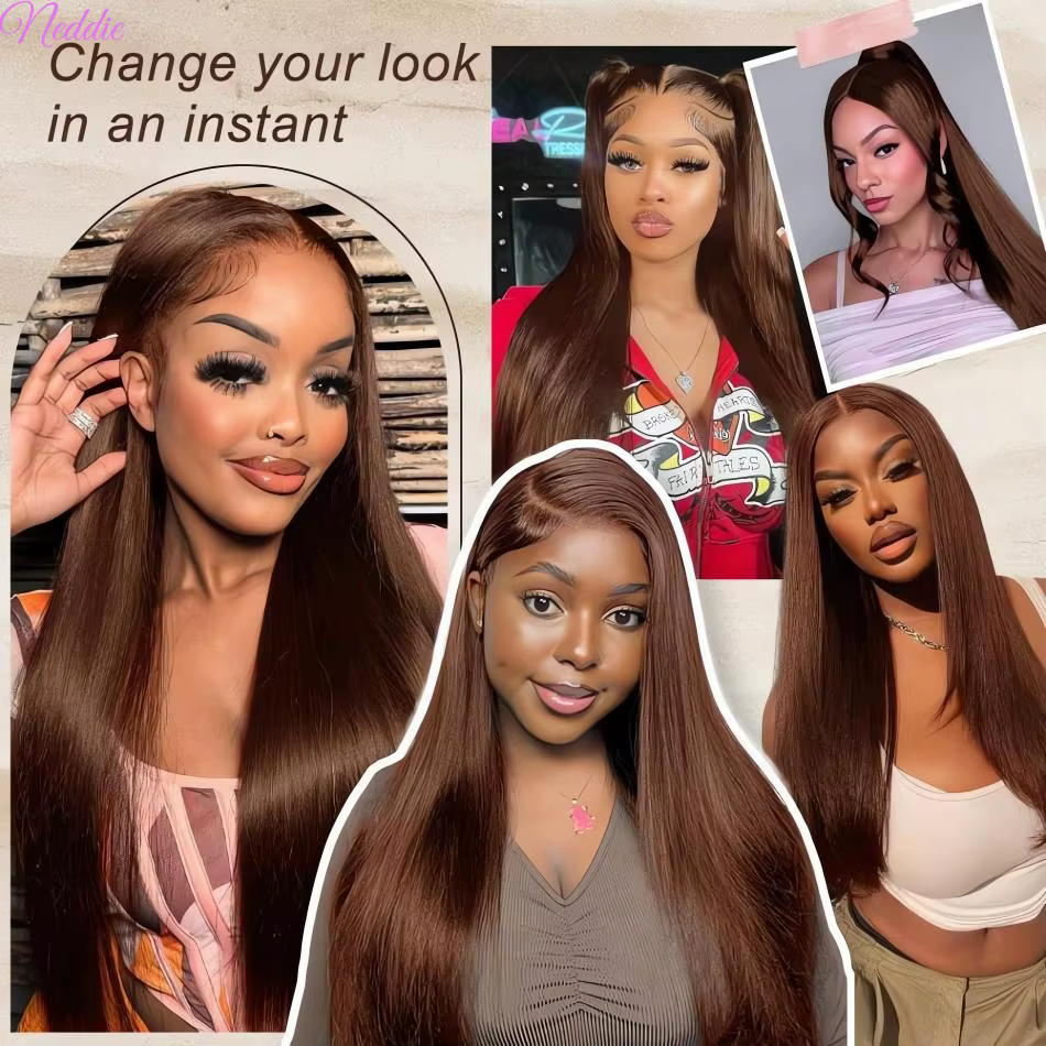 Perruques Lace Front 13X6 Marron Chocolat, Cheveux Humains Lisses Comme des Baguettes 13X4, Perruque