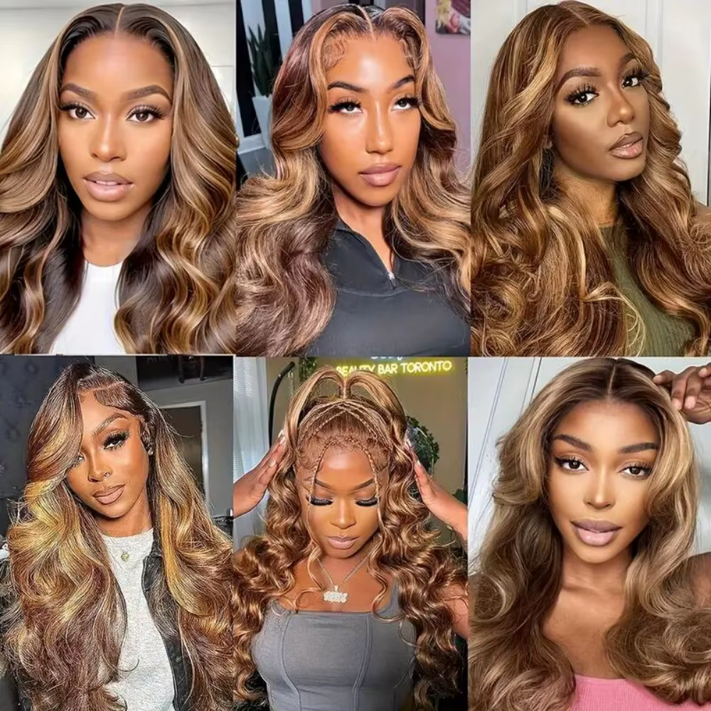Perruques Lace Front 13x4 HD Highlight Body Wave en Cheveux Humains pour Femmes, Sans Colle, Pré-Plu