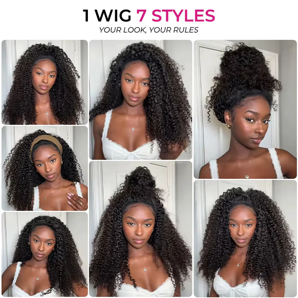 Demi-perruque Afro bouclée, cheveux humains, sans colle, bandeau avec cordon de serrage, Clip sans c