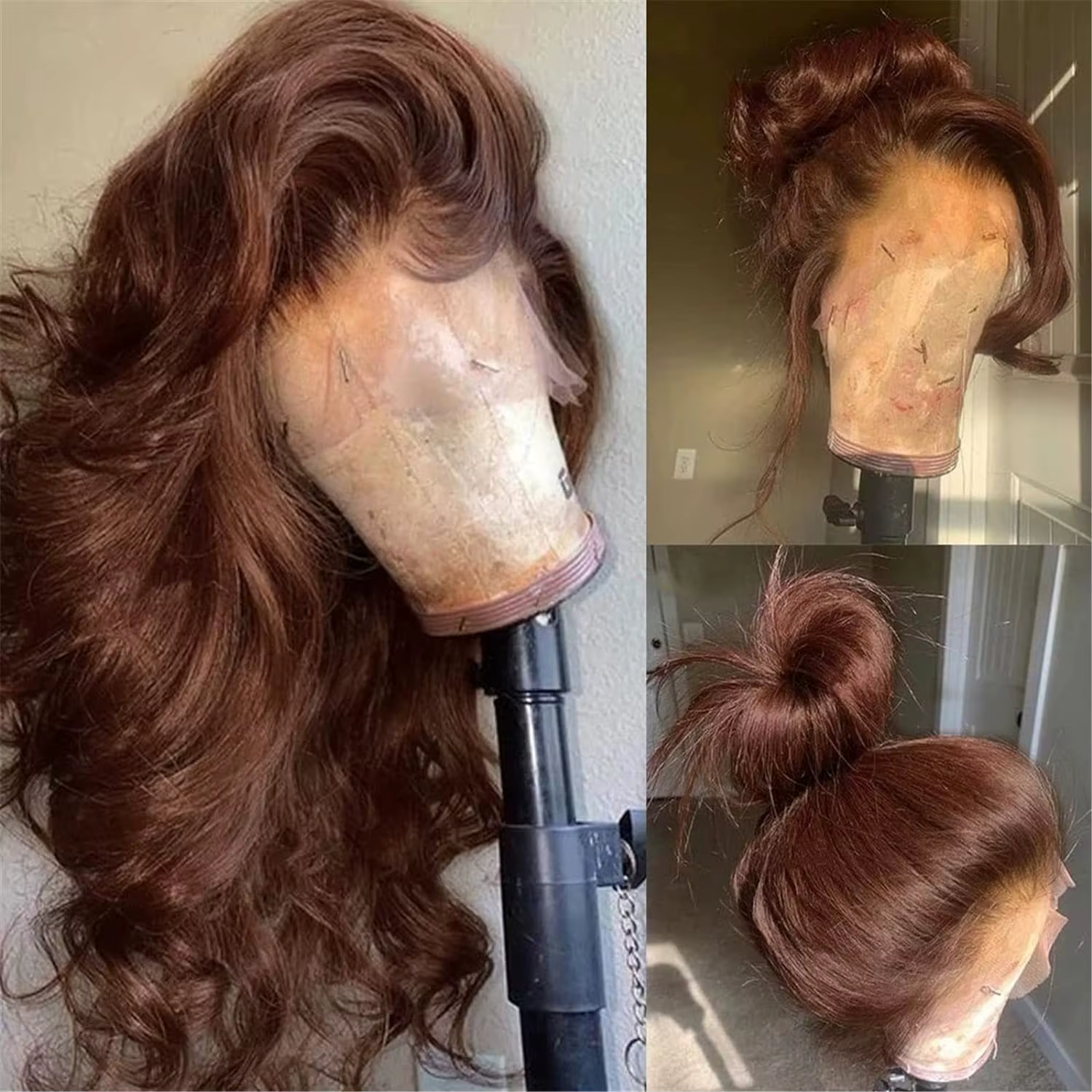 Perruque Lace Front Wig Body Wave brésilienne naturelle, cheveux vierges brun chocolat, pre-plucked,