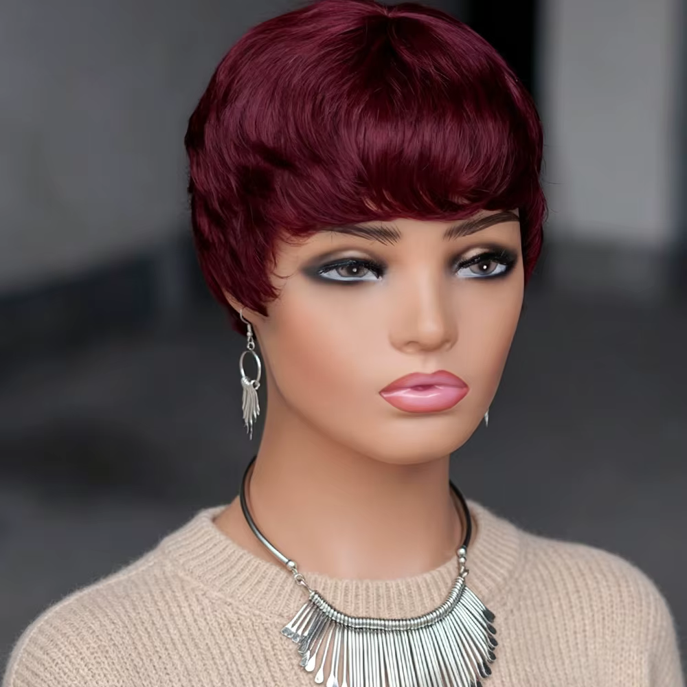 Perruque courte pour femme en cheveux humains, coupe pixie superposée rouge bordeaux avec frange, ré