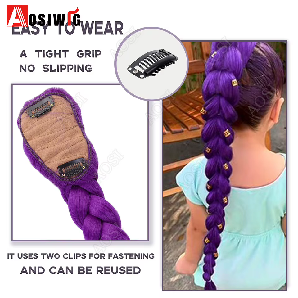 Queue de cheval tressée synthétique violette, coiffure de Costume longue de 26 pouces avec Clips pou