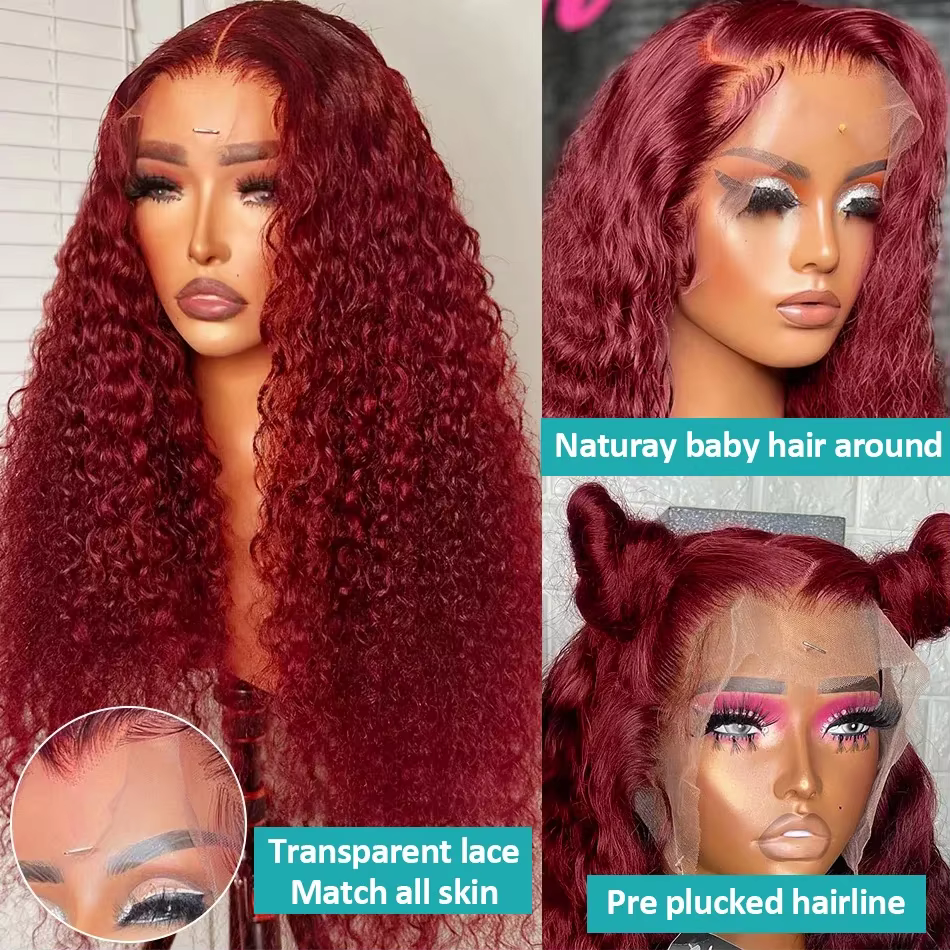 Perruque Lace Front Wig Remy bouclée rouge bordeaux 99J, cheveux naturels, 13x4, 13x6, densité 250, 