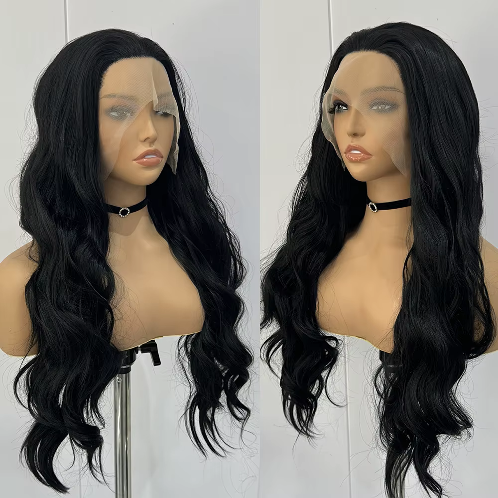 Perruques Lace Front synthétiques noires pour femmes, cheveux longs, corps ondulé, fibre de degré de
