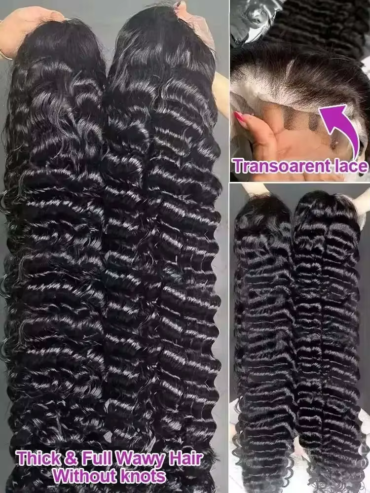 Perruque frontale en dentelle HD 13x6 de 42 pouces, densité 250, cheveux humains ondulés profonds, p