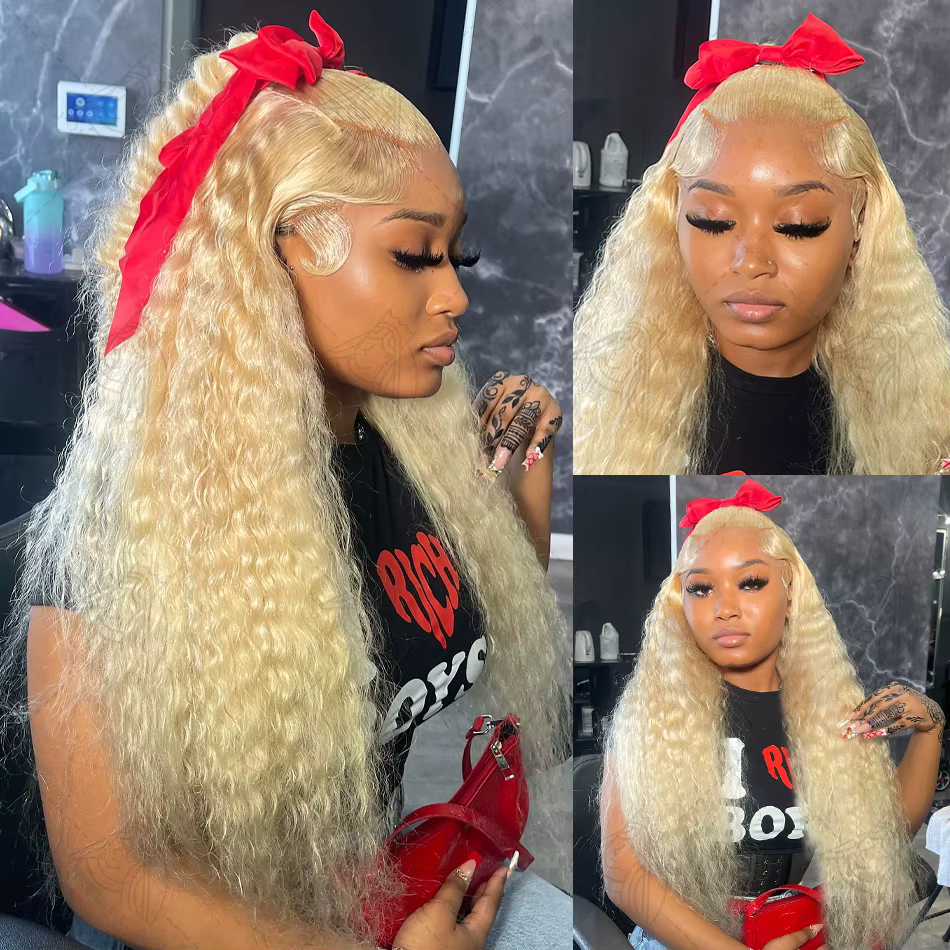 Perruque Lace Front Wig Deep Wave Brésilienne Naturelle, Cheveux Bouclés, Blond Miel 613, 13x6, 13x4