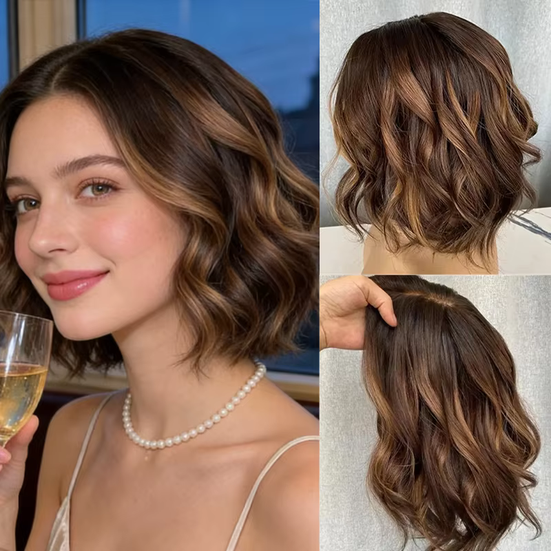 Perruque synthétique pour femme, cheveux bruns avec mèches blondes, coupe courte bob, longueur aux é
