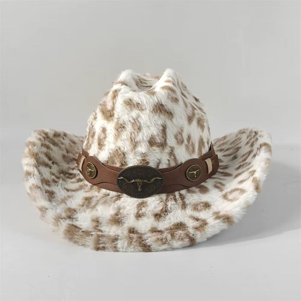 Chapeau de cowboy en fourrure de lapin imprimé léopard 7,5 cm Fedora de cowboy occidental pour homme