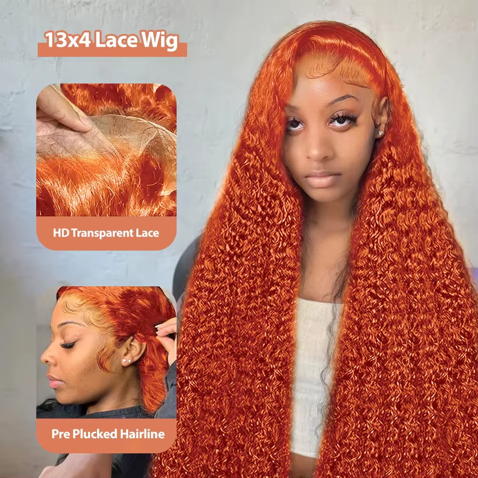 Perruque de cheveux humains frontale en dentelle HD vague d'eau de couleur orange 13x6 pre-plucked v