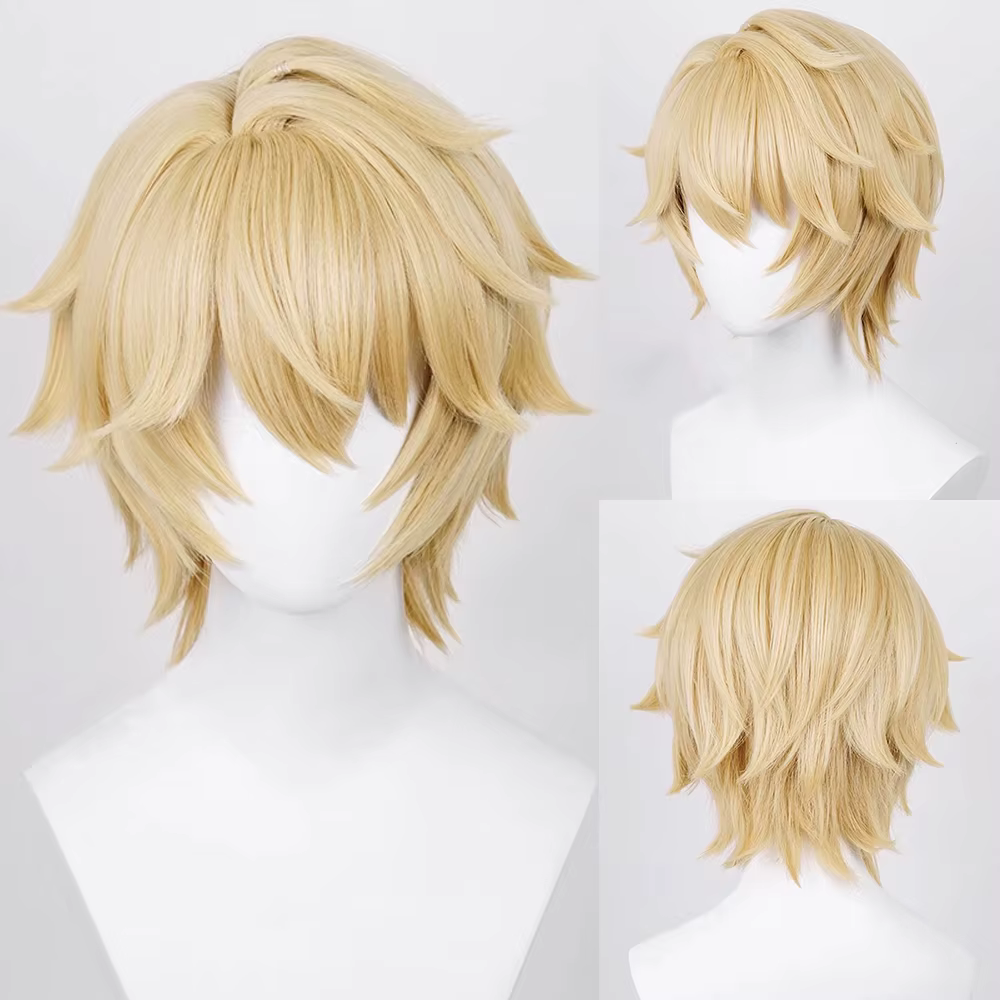 Perruque Synthétique Blonde Courte Droite avec Frange pour Homme, Anime Game Cosplay Fluffy, Perruqu