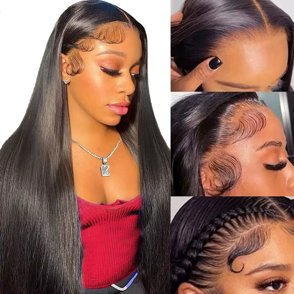 Perruque Lace Front HD Transparente Densité 200% Cheveux Humains Raides Brésiliens Pré-Pluckée Pour
