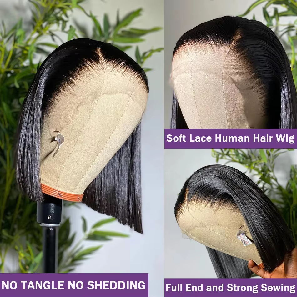 Perruque Bob Lace Front Wig 13x4, cheveux courts et lisses, 4x4, Transparent, densité 200%, 100% che