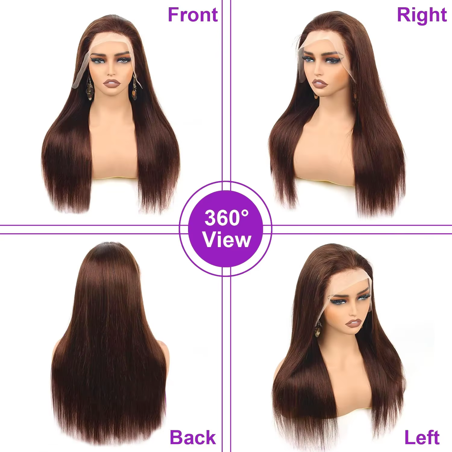 13x4 4 # Perruques Lace Front Marron Chocolat en Cheveux Humains pour Femmes, Perruque Frontale HD