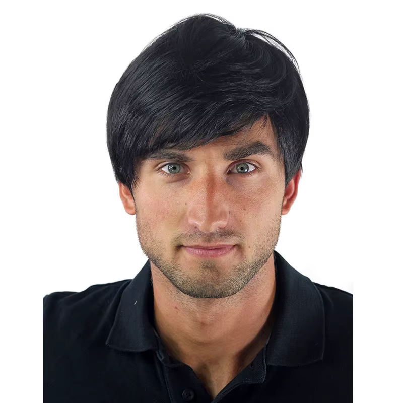 Perruques synthétiques pour hommes, cheveux courts et raides, soie haute température, tête complète 