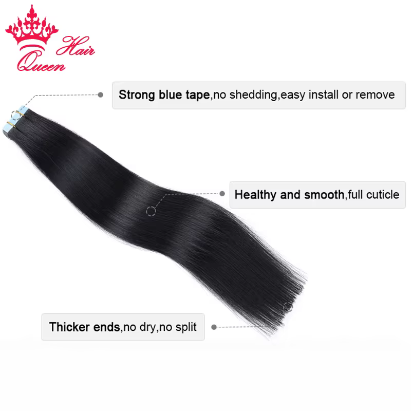 Queen Hair Official PU Tape In Hair Skin Weft Hand Tied PU Adhesives Raw Human Hair Extensions Invis