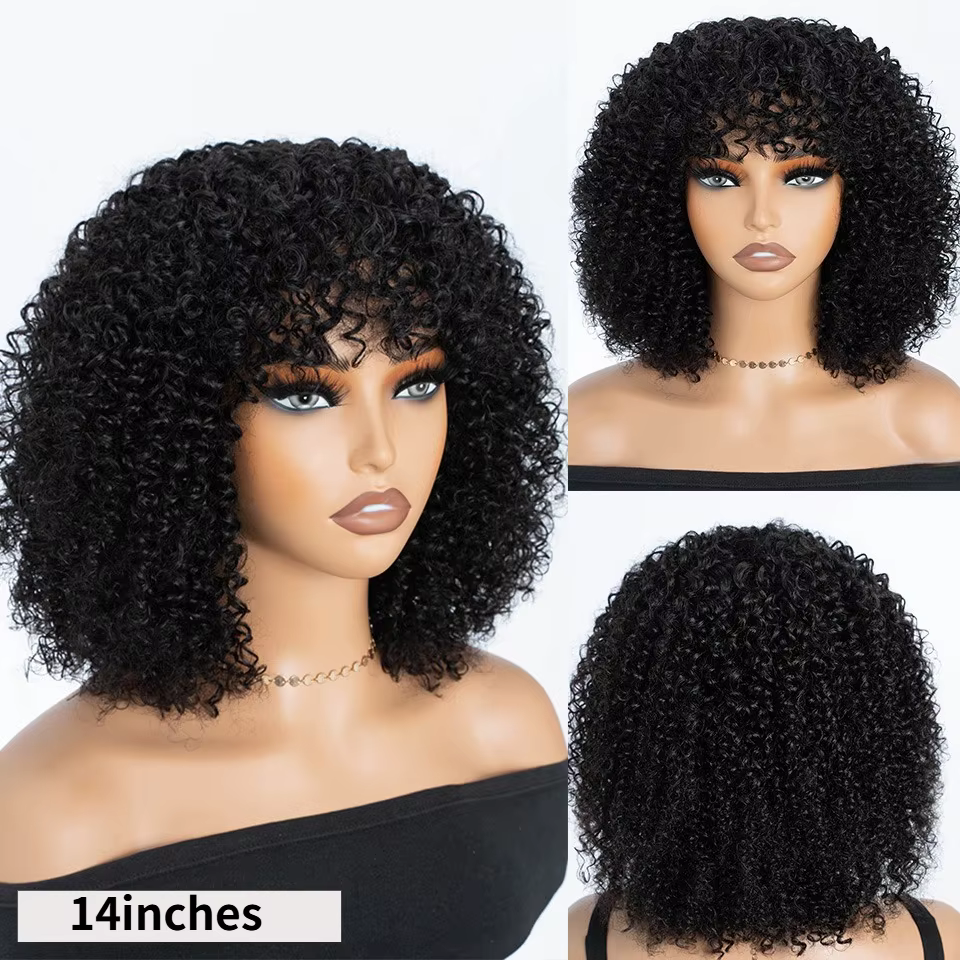 Perruques Bob Courtes Bouclées en Cheveux Humains, Perruques Afro Bouclées avec Frange, Perruques Bo