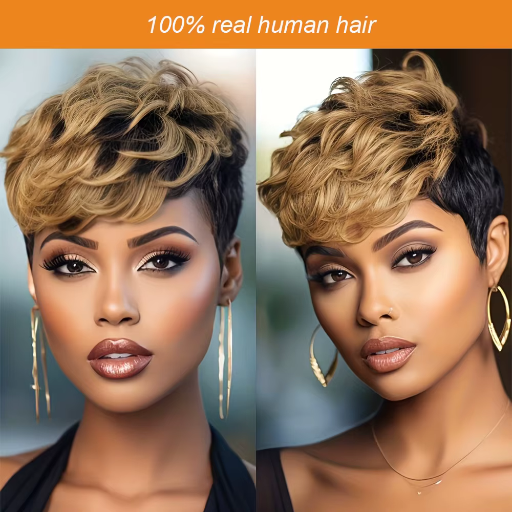 Afro crépus bouclés Bob perruque cheveux humains noir Champagne couleur cheveux avec frange fait à l