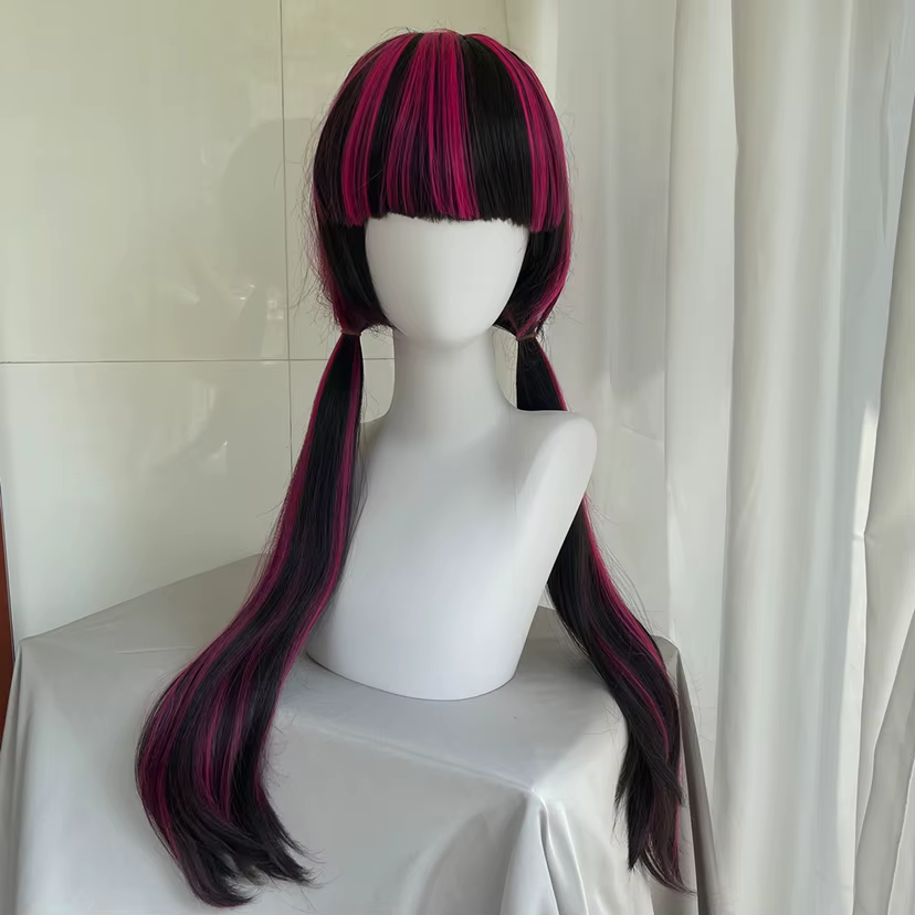 Perruque de Cosplay Draculaura du film de haute qualité, perruque synthétique longue et lisse, noire