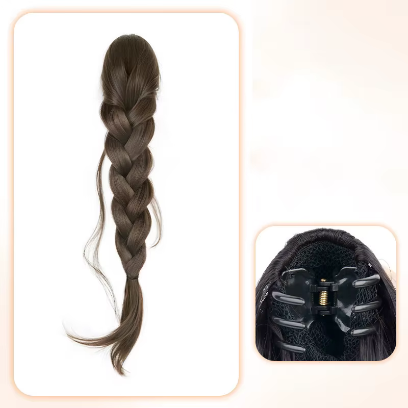 Perruque longue bouclée synthétique naturelle, queue de cheval tressée, avec pince à cheveux et cord