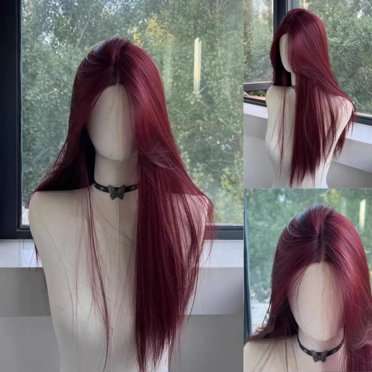 Perruque Lace Front Wig synthétique rouge longue et lisse pour femmes, perruques naturelles en dente