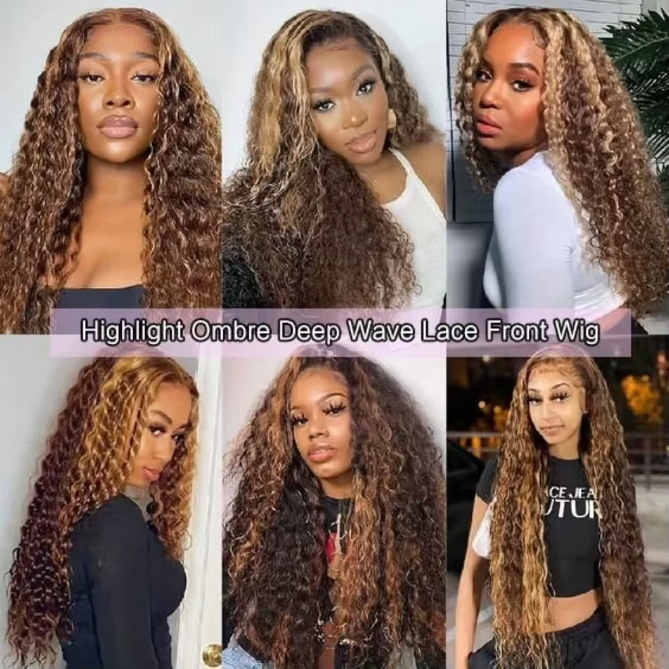 Perruque Lace Frontal Wig brésilienne bouclée, cheveux naturels, Deep Wave, 13x4, 13x6, Hd, à reflet