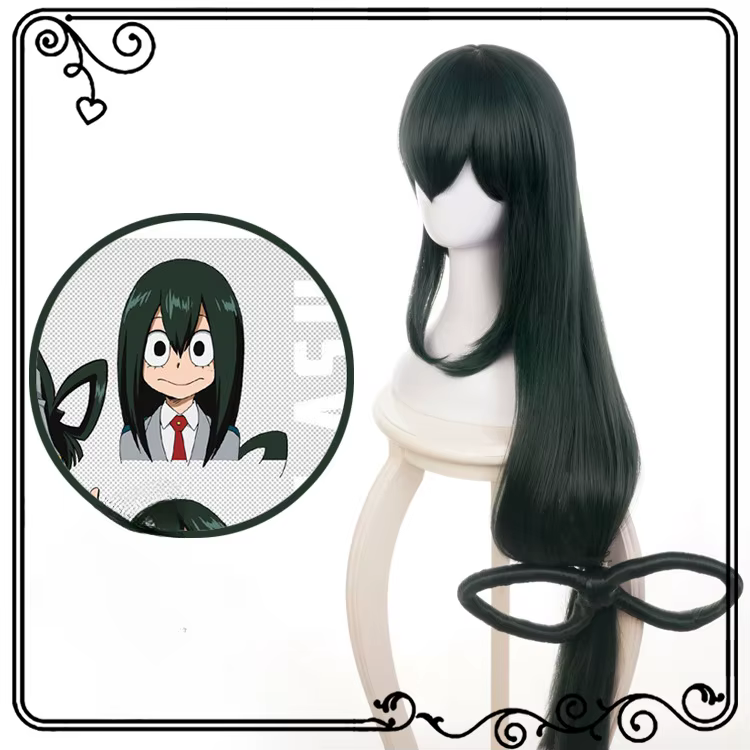 My foreAcademia-Perruque Cosplay synthétique longue et lisse, vert foncé, Baku no foreAsui Tsuyu