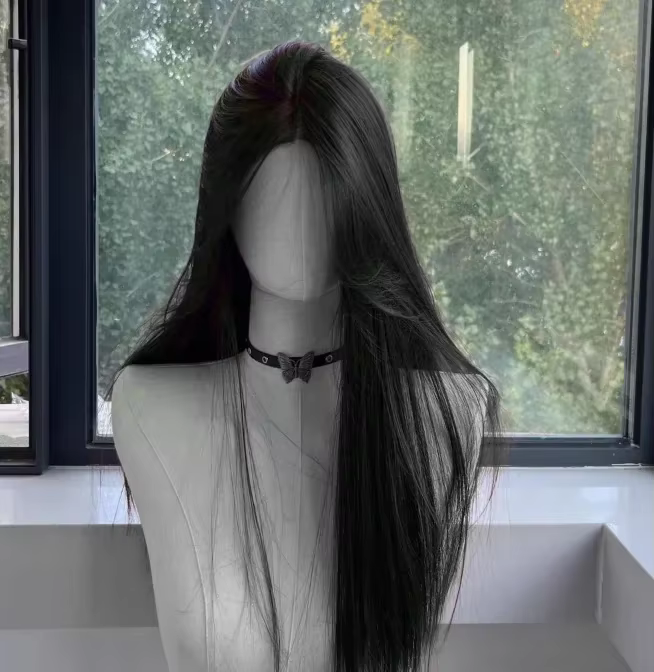 Perruque noire pour femmes, cheveux longs et lisses, bandeau, perruque Lace Front Wig, tempérament C