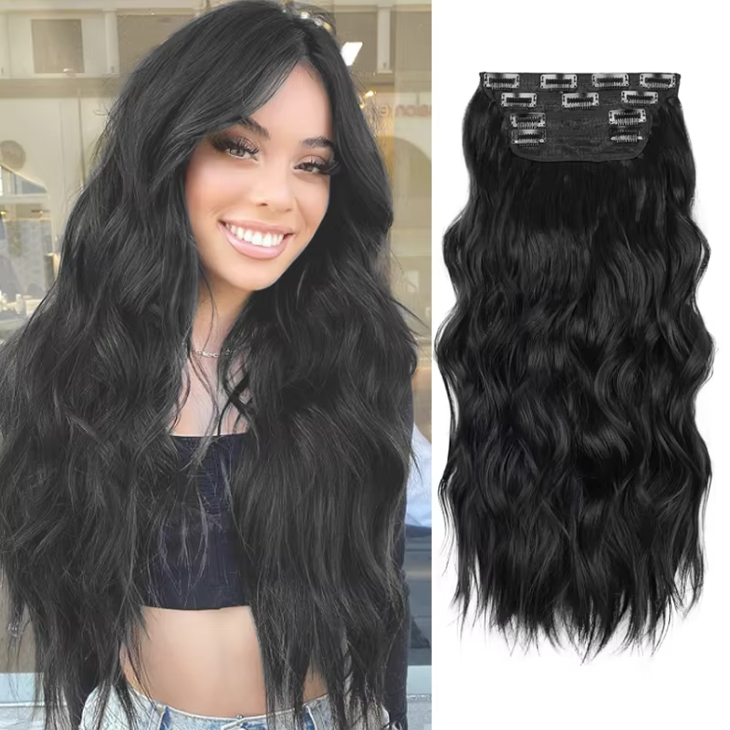 Extensions capillaires synthétiques noires épaisses à clips, 4 pièces, 24 pouces de long, ondulées