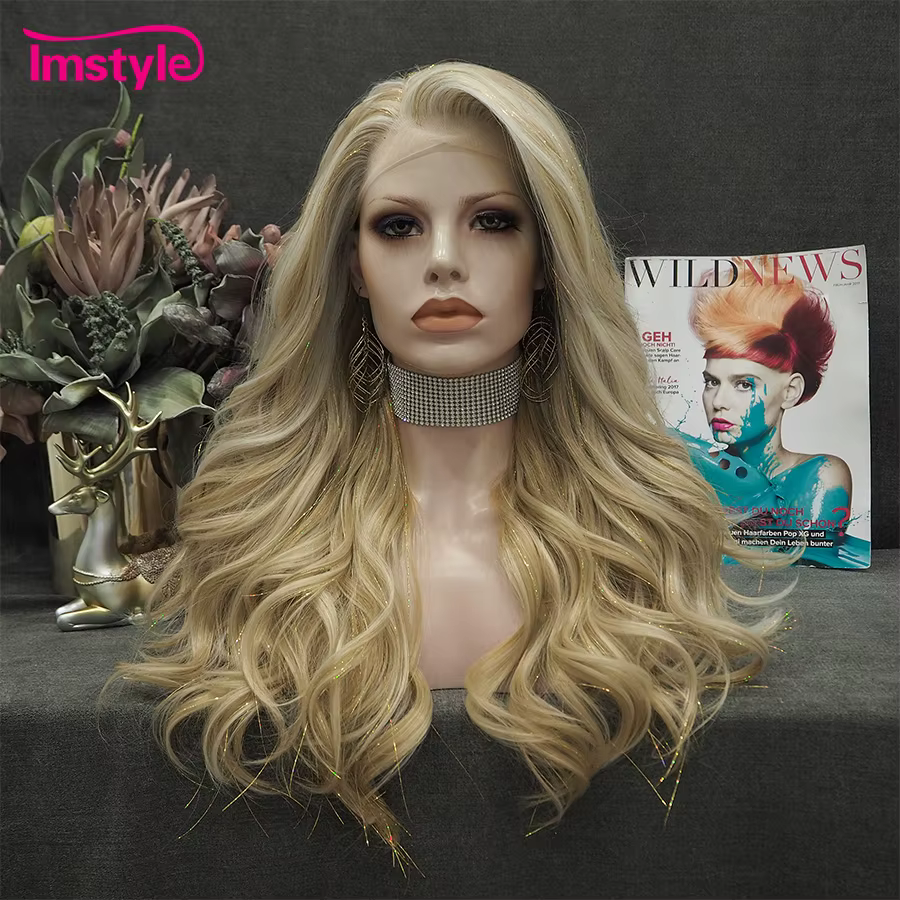 Imstyle – perruque synthétique blonde en dentelle, cheveux longs ondulés blancs, pour femmes, perruq