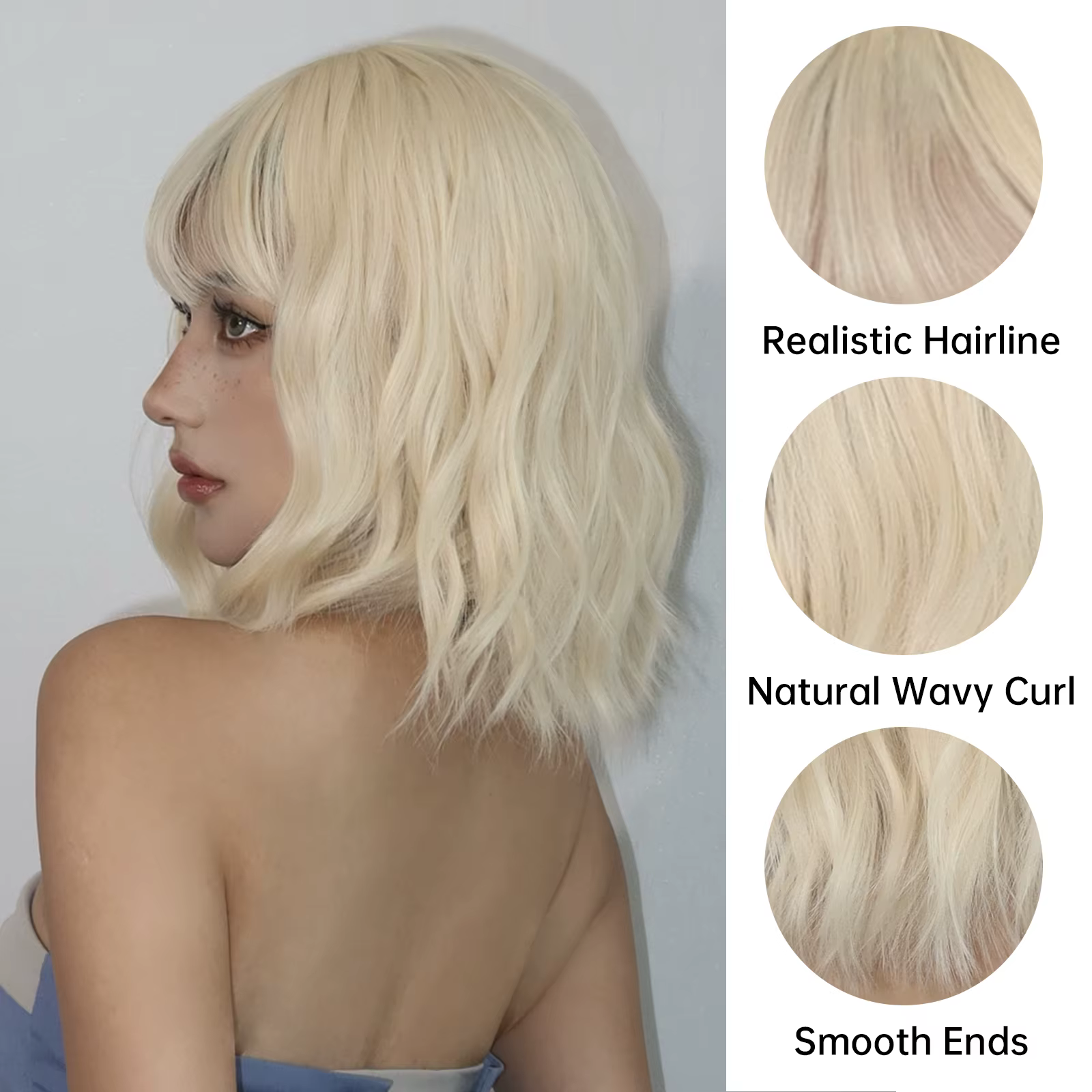 Perruques synthétiques ondulées Bob blondes Beige avec frange, perruques Lolita courtes de Cosplay p