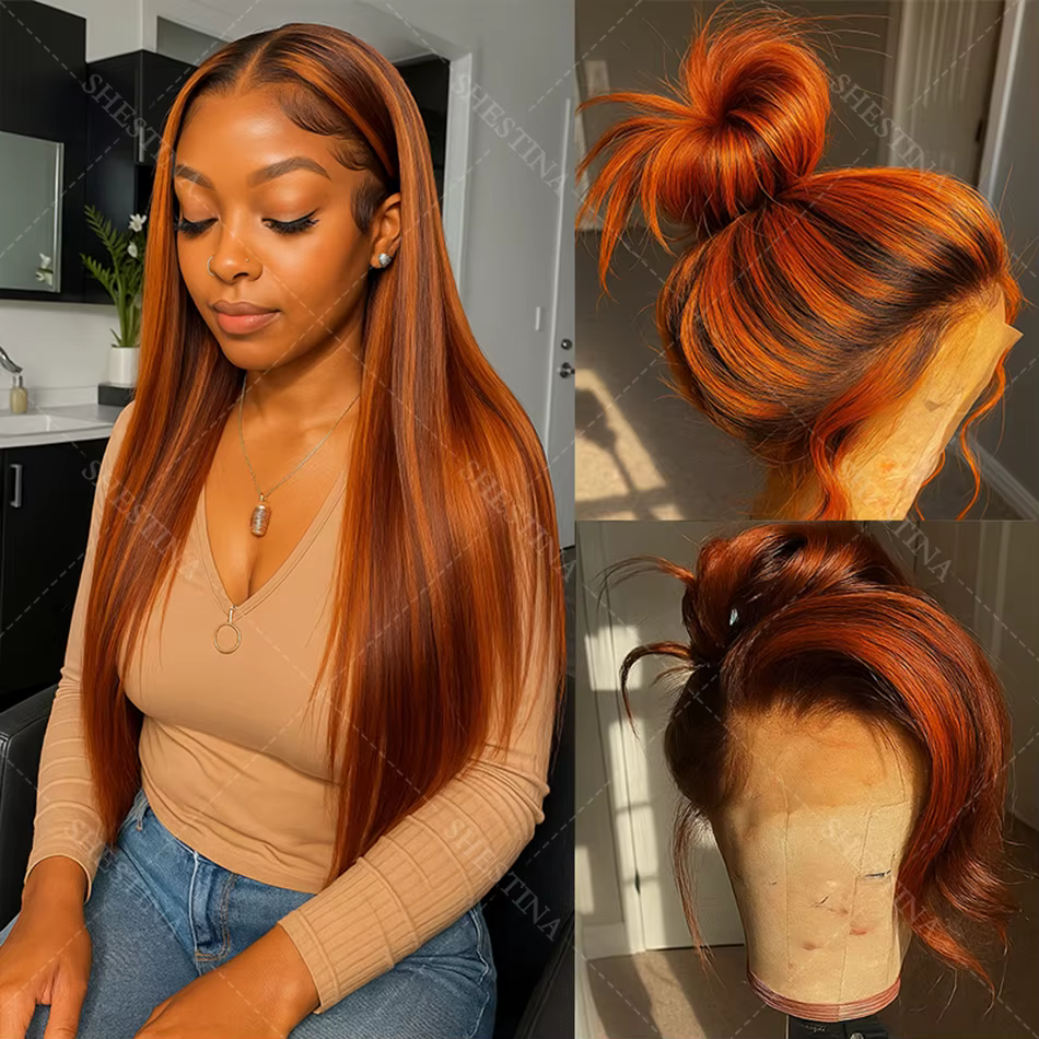 Perruque Lace Frontal Wig naturelle lisse à reflets brun gingembre, 5x5, sans colle, pre-coupée, omb