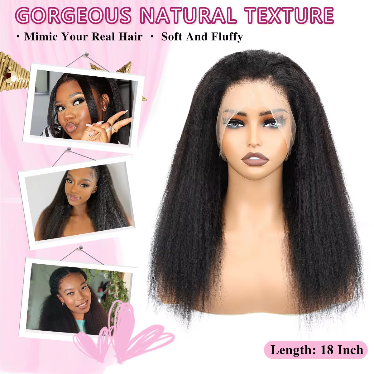 Perruques Lace Front Kinky Straight de 40 pouces en cheveux humains, densité 250%, avec dentelle HD