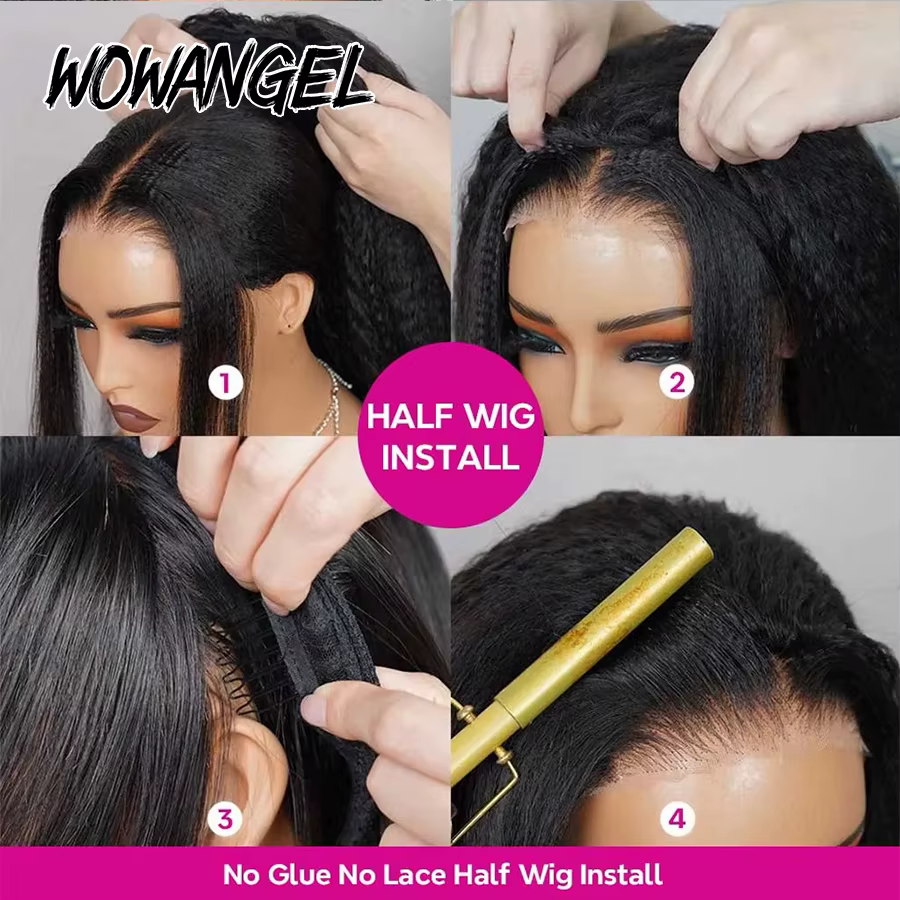 Perruques mi-tête 250% Light Yaki en cheveux humains, ligne de cheveux invisible, prêtes à porter sa