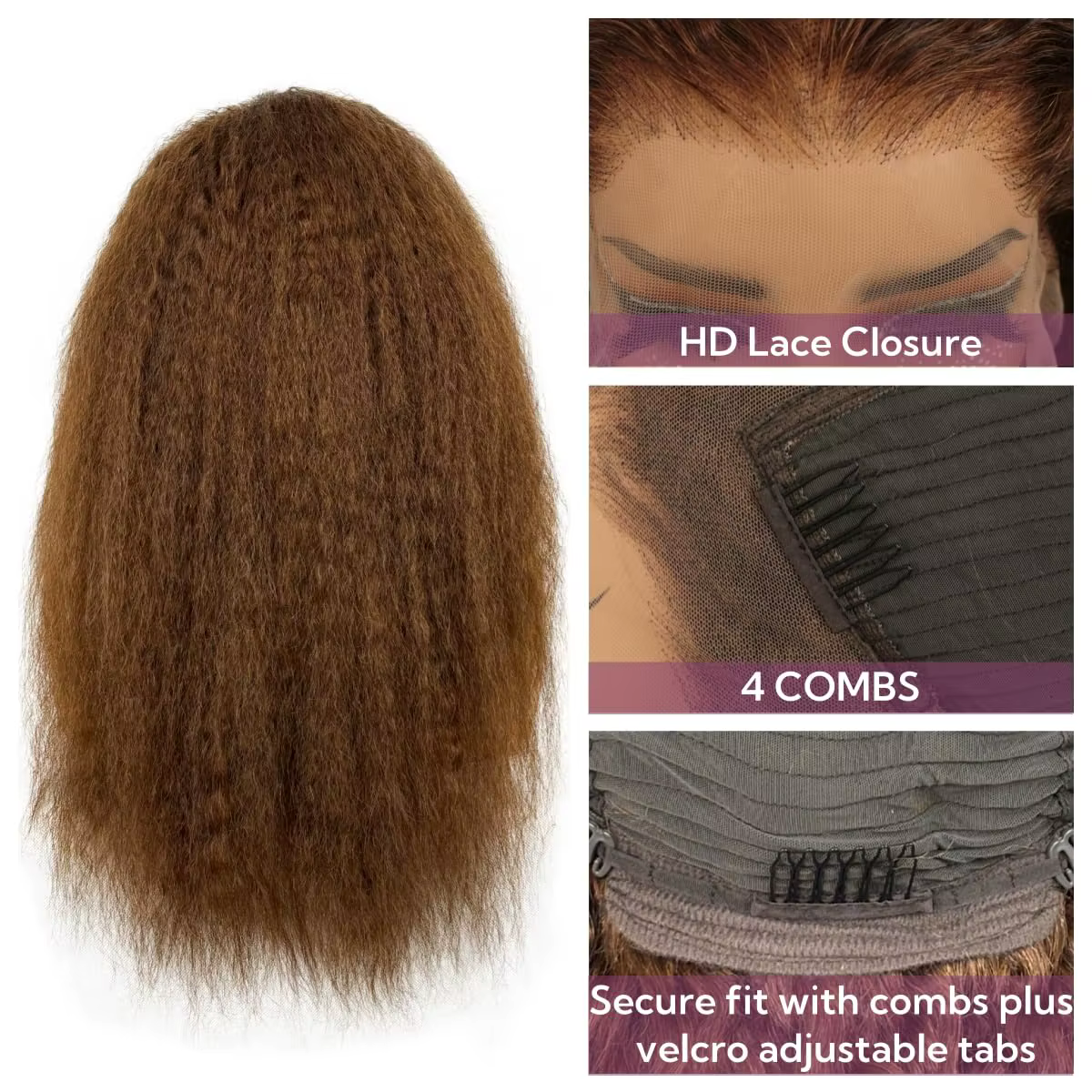 Perruques de cheveux humains crépus lisses brun chocolat 200% densité 13x6 perruque frontale en dent