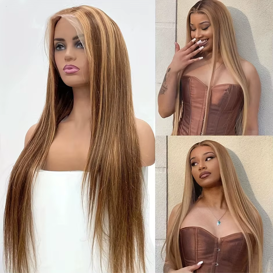 Perruque frontale Dialola P4/27 Highlight Honey Blonde, pré-épilée, colorée, lisse, avec dentelle HD