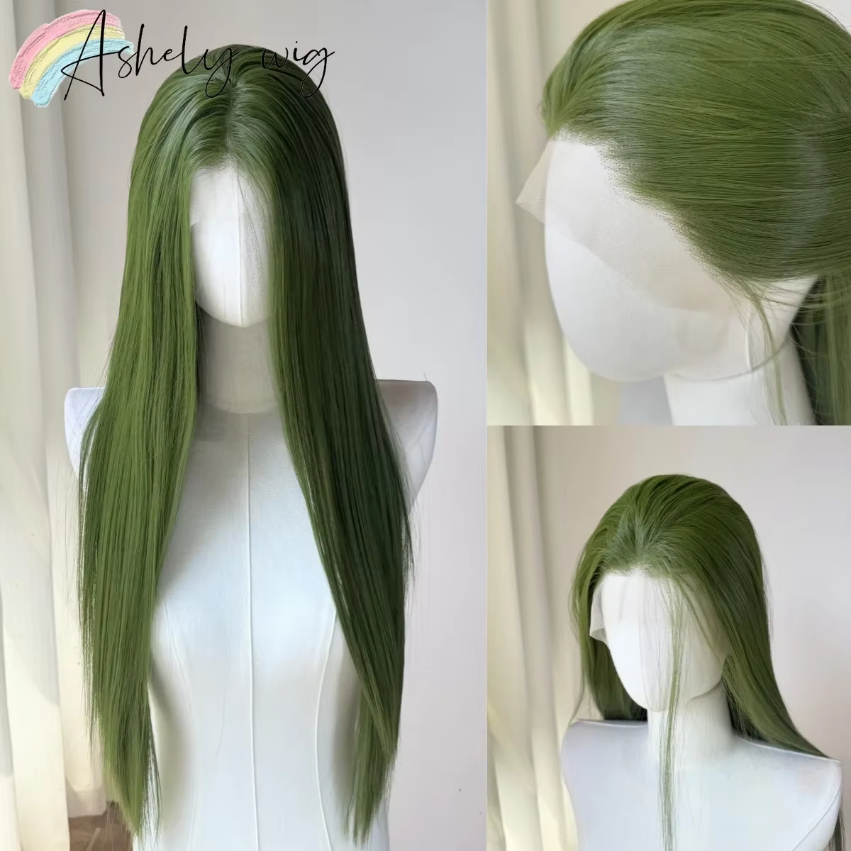 Perruque Lace Front Wig synthétique vert clair pour femmes, perruque Lace Front Wig longue et lisse,
