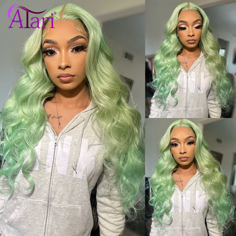 Perruques de cheveux humains Body Wave, vert menthe ombré, perruque droite 613, dentelle transparent