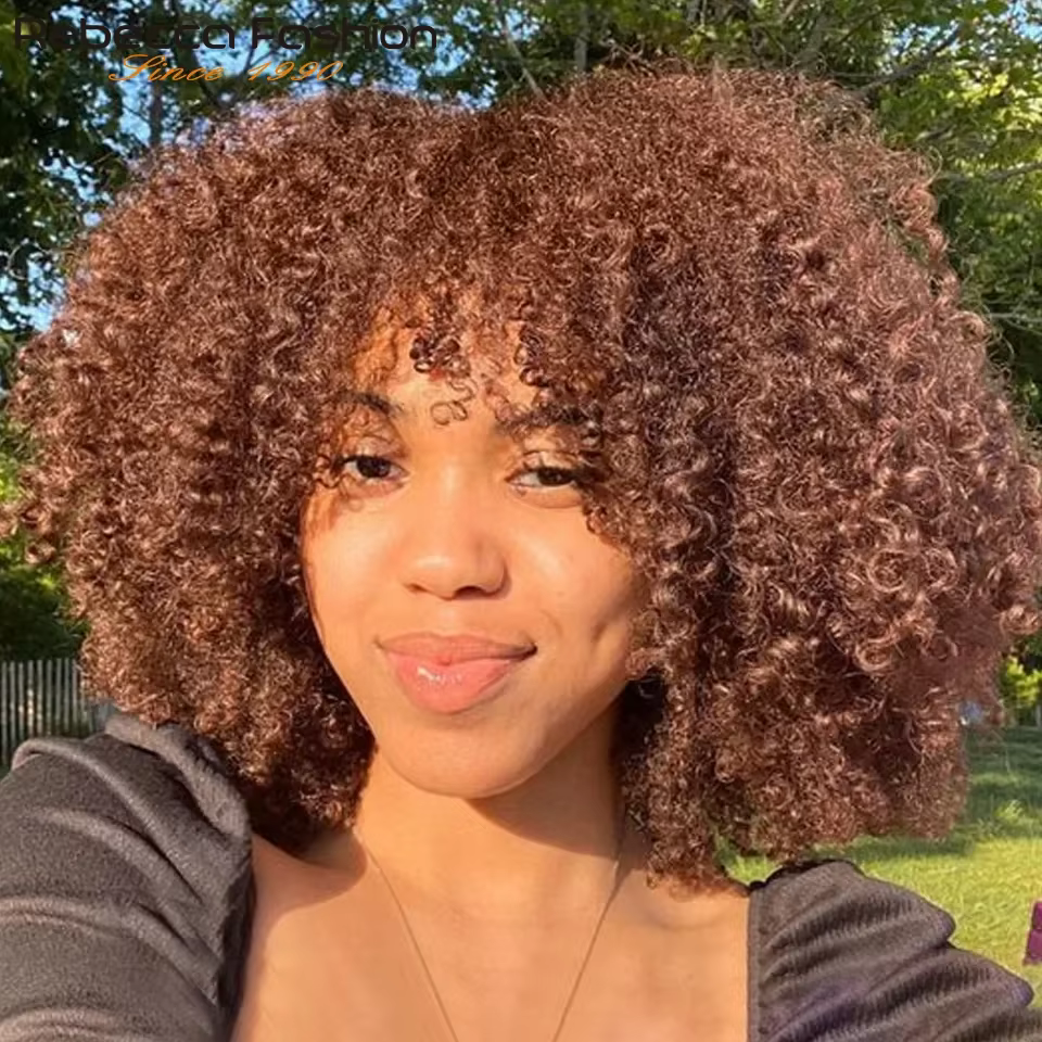 Perruque brésilienne courte bouclée en cheveux humains, couleur brun naturel, style afro crépu boucl