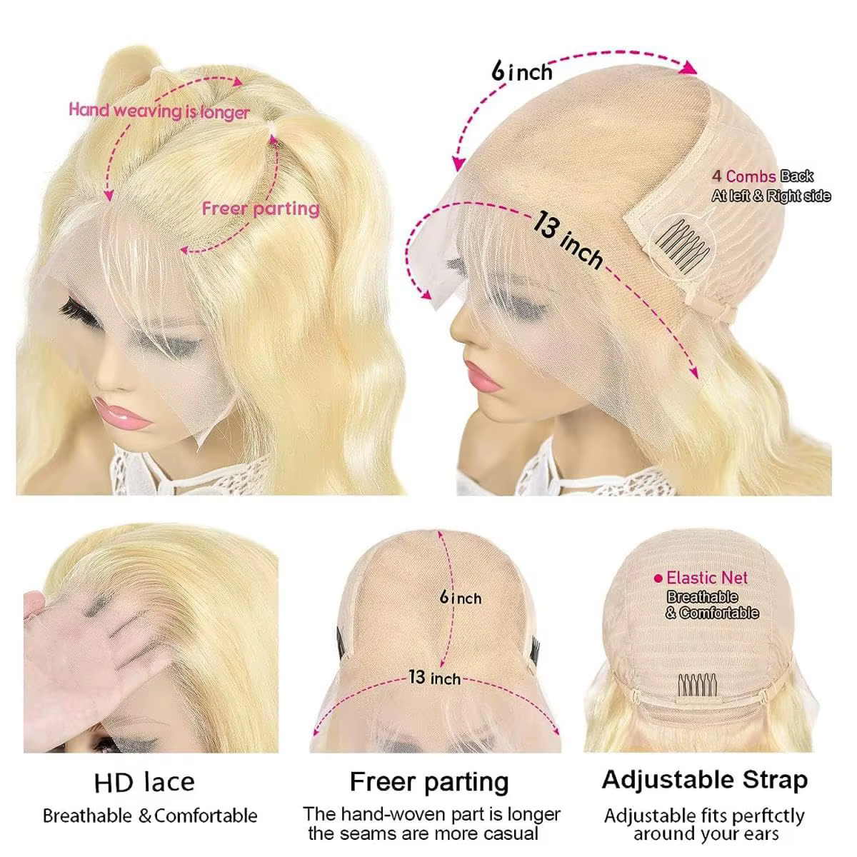 Perruque Cheveux Humains Naturels Blond Platine 613 Ondulés Profonds 13x4 13x6 HD Transparente avec 